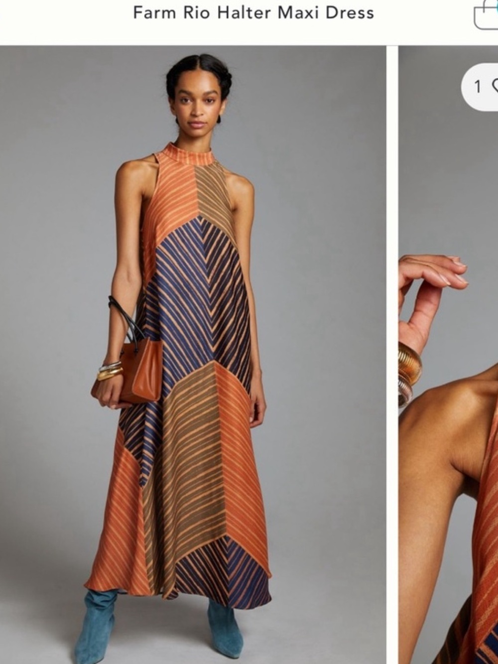 FARM Rio Striped Halter Maxi Dress in Rust, Navy & Tan